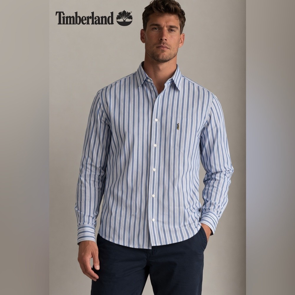 Timberland Mens Blue White Striped Cotton Long Sleeve Button Down Shirt Size M‎